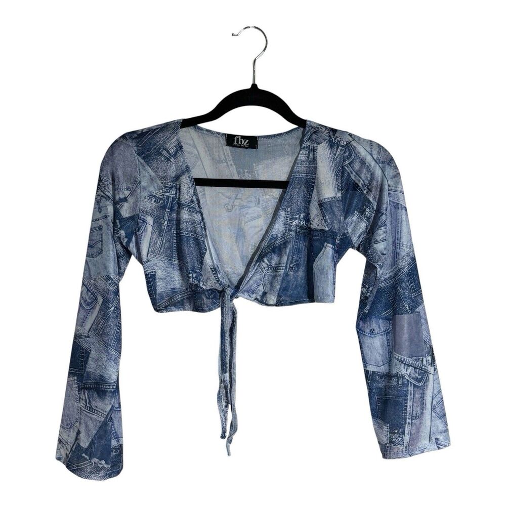 fbz Womens Denim Patchwork Tie Front 3/4 Sleeve Crop Top Fits XS Y2K Festival